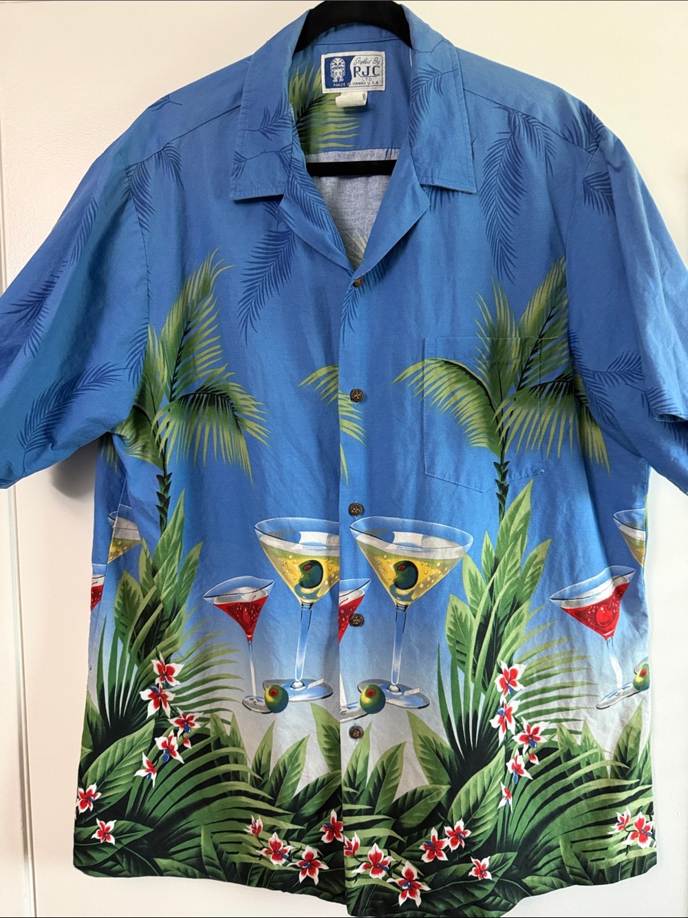 Vintage XL “RJC” Blue Tropical Cocktail Hawaiian Shirt
